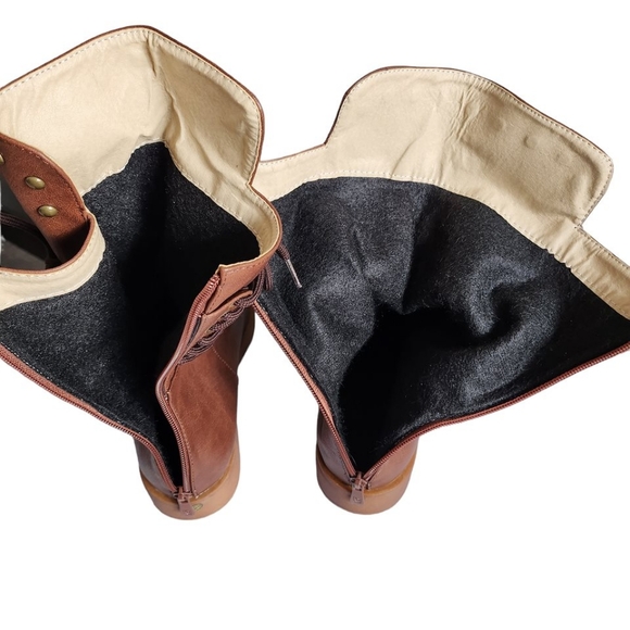 Women Brown Tan Leather Strappy Tie Back Zipper Studded Winter Boot/CN 38/US 7 - Picture 7 of 16